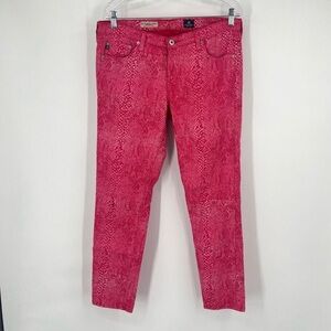 RARE! AG legging ankle. Pink and red snake print pattern on cotton denim.